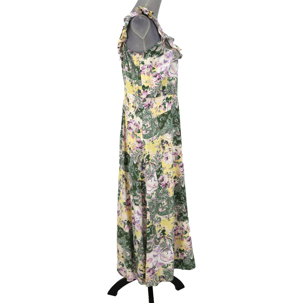 Loft Dress Womens Medium Green Yellow Floral Cotton Rayon Back Zip Ruffle Trim - Picture 5 of 13